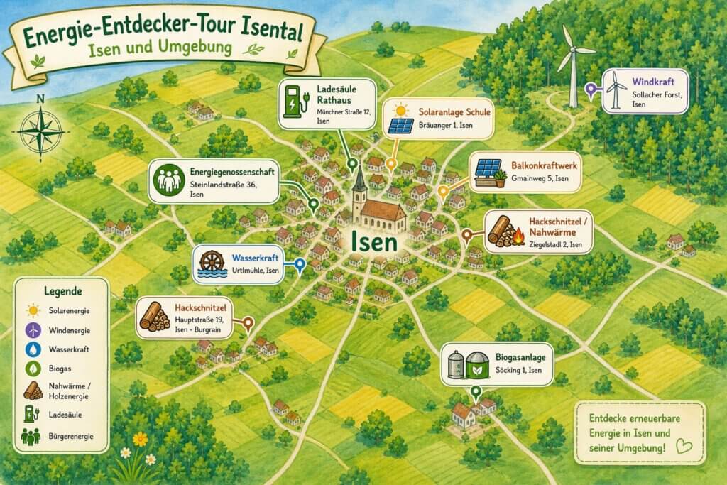 Karte der Energie-Entdecker-Tour Isental mit Symbolen für Solaranlage, Windenergie, Wasserkraft, Biogasanlage, Nahwärme, Ladesäule und Energiegenossenschaft an verschiedenen Standorten in Isen und Umgebung